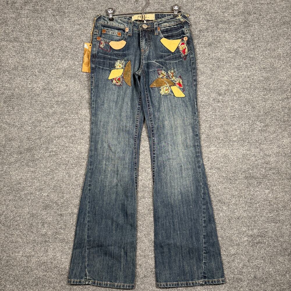 New Yag Couture Womens Size 7 Patchwork‎ Bootcut Jeans Blue Distressed Mid Rise